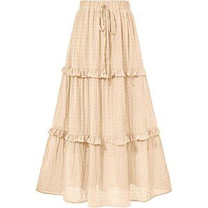 Women's Apricot Long Elegant High Waist Cocktail Guest Flared A-Line Midi Skirt